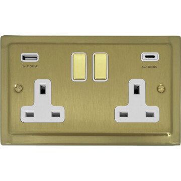victorian satin brass double socket with usb (usb-a and usb-c/white inserts/brass switches) front fc0825