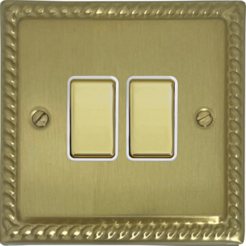 georgian satin brass light switch (2 gang/brass switches/white inserts) front fc0825