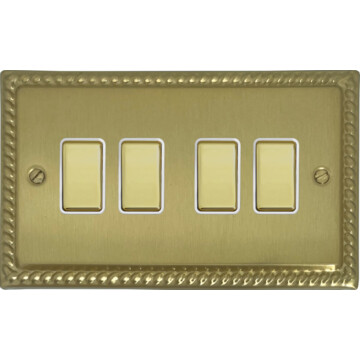 georgian satin brass light switch (4 gang/brass switches/white inserts) front fc0825