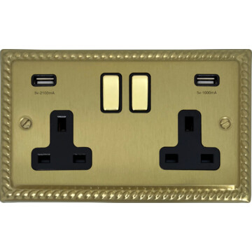 georgian satin brass double socket with usb (brass switch) front fc0825