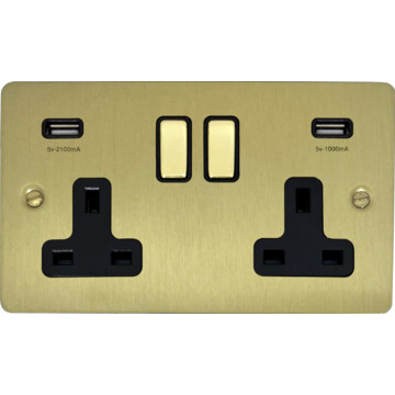 flat satin brass socket with usb (black inserts/brass switches) front fc0825
