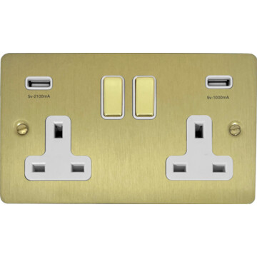 flat satin brass socket with usb (white inserts/brass switches) front fc0825