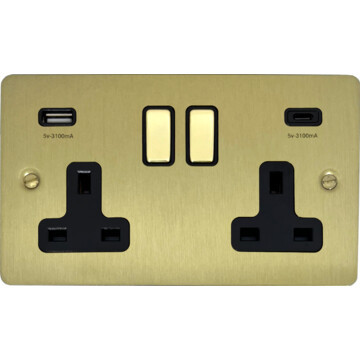 flat satin brass socket with usb (usb a and usb c/black inserts brass switches) front fc0825