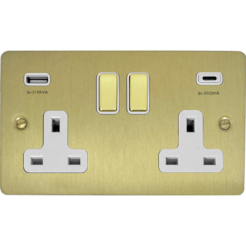 flat satin brass socket with usb (usb a and usb c/white inserts brass switches) front fc0825