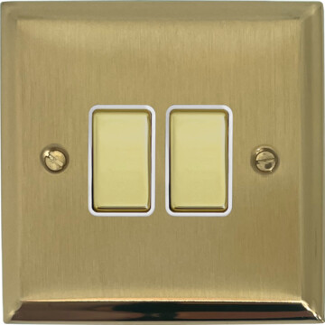 deco satin brass light switch (2 gang/brass switches/white inserts) front fc0825