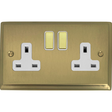 deco satin brass double socket (brass switches/white inserts) front fc0825