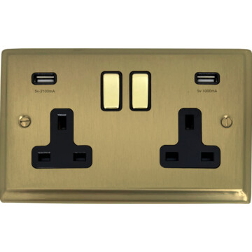 deco satin brass double socket with usb (brass switches) front fc0825