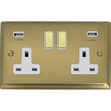 deco satin brass double socket with usb (brass switches/white inserts) front fc0825