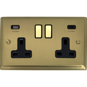 deco satin brass double socket with usb (usb a and usb c/black inserts brass switches) front fc0825