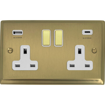 deco satin brass double socket with usb (usb a and usb c/white inserts brass switches) front fc0825