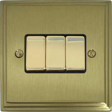 victorian cast satin brass light switch (3 gang/brass switches/black inserts) front fc0825