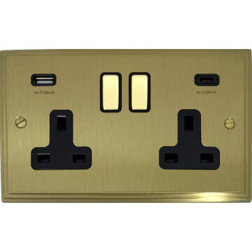 victorian cast satin brass double socket with usb (usb-a and usb-c/black switches) front fc0825
