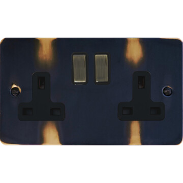flat aged brass double socket (black insert/ antique brass switches) front fc0825