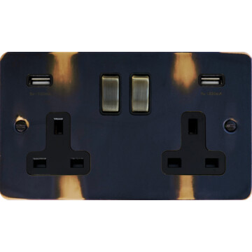 flat aged brass double socket with usb (black insert/antique brass switches) front fc0825