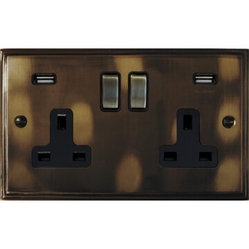 victorian cast aged brass double socket with usb front fc0825