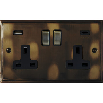Victorian Cast Aged Brass Double Socket with USB C (Antique Brass Switches)
