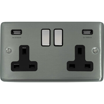 contour stainless steel double socket with usb (black insert/satin chrome switches) front fc0825