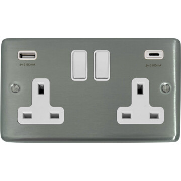 Contour Brushed Steel Double Socket with USB C (White Switches)