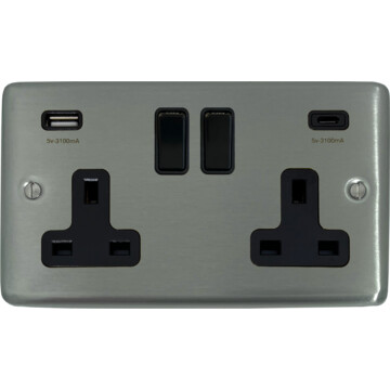 contour stainless steel double socket with usb (2 gang/usb a/usb c/black switches) front fc0825