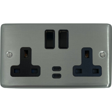 contour stainless steel double socket with usb (2 gang/usb c/black switches) front fc0825