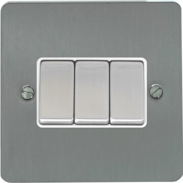 flat brushed steel light switch (3 gang/white insert/satin chrome switches) front fc0825