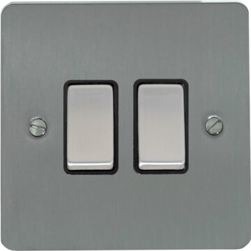 flat brushed steel light switch (2 gang/black insert/satin chrome switches) front fc0825