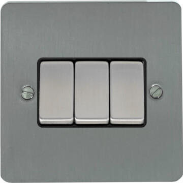 flat brushed steel light switch (3 gang/black insert/satin chrome switches) front fc0825