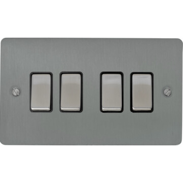flat brushed steel light switch (4 gang/black insert/satin chrome switches) front fc0825