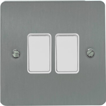 flat brushed steel light switch (2 gang/white switches) front fc0825