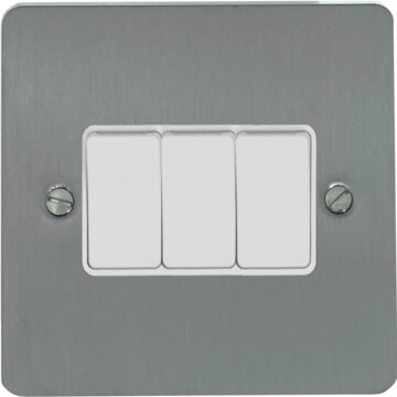 flat brushed steel light switch (3 gang/white switches) front fc0825