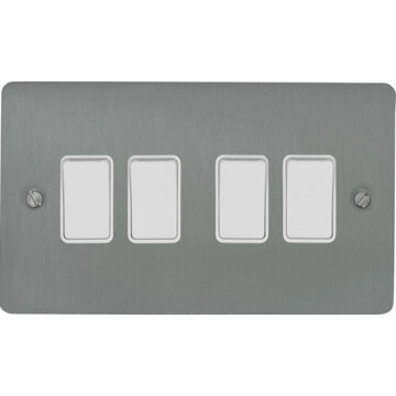 flat brushed steel light switch (4 gang/white switches) front fc0825
