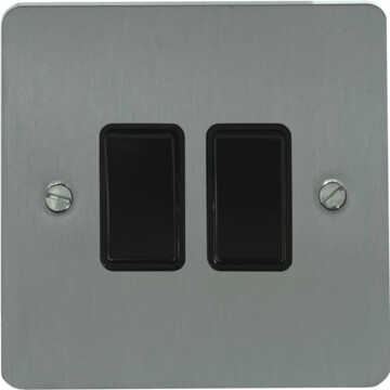 flat brushed steel light switch (2 gang/black switches) front fc0825