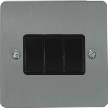 flat brushed steel light switch (3 gang/black switches) front fc0825