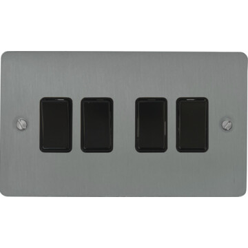 flat brushed steel light switch (4 gang/black switches) front fc0825