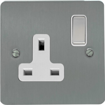 flat brushed steel single socket (white insert/satin chrome switch) front fc0825