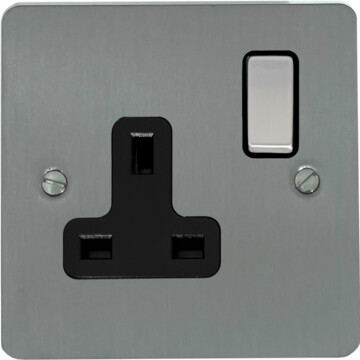 flat brushed steel single socket (black insert/satin chrome switch) front fc0825