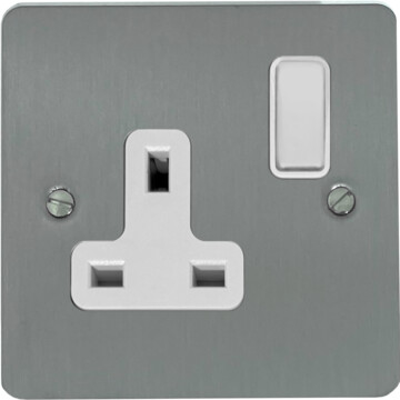 flat brushed steel single socket (white switch) front fc0825