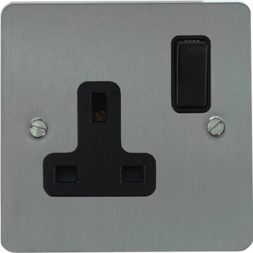 flat brushed steel single socket (black switch) front fc0825