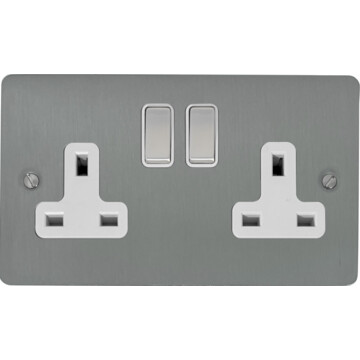 flat brushed steel double socket (white insert/satin chrome switches) front fc0825