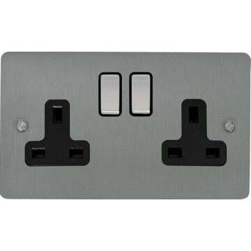 flat brushed steel double socket (black insert/satin chrome switches) front fc0825