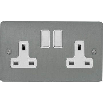 flat brushed steel double socket (white switches) front fc0825