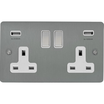 flat brushed steel double socket with usb (white insert/satin chrome switches) front fc0825