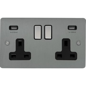 flat brushed steel double socket with usb (black insert/satin chrome switches) front fc0825