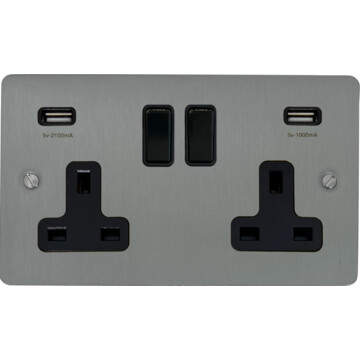 flat brushed steel double socket with usb (black switch) front fc0825