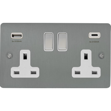 flat brushed steel double socket with usb (usb a and usb c/white inserts) front fc0825