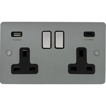 flat brushed steel double socket with usb (usb a and usb c/black inserts) front fc0825