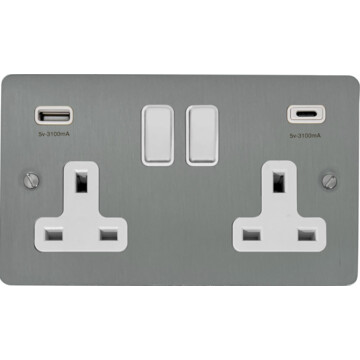 Flat Brushed Steel Double Socket with USB C (White Switches)
