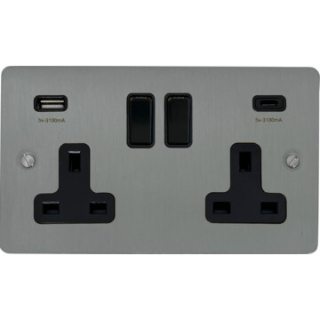 Flat Brushed Steel Double Socket with USB C (Black Switches)