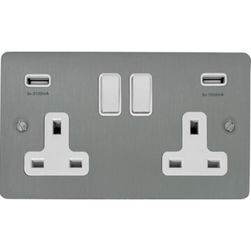 flat brushed steel double socket with usb (white switch) front fc0825