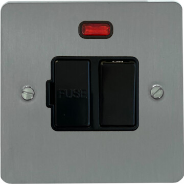 flat brushed steel switched fused spur with neon (black switch) front fc0825